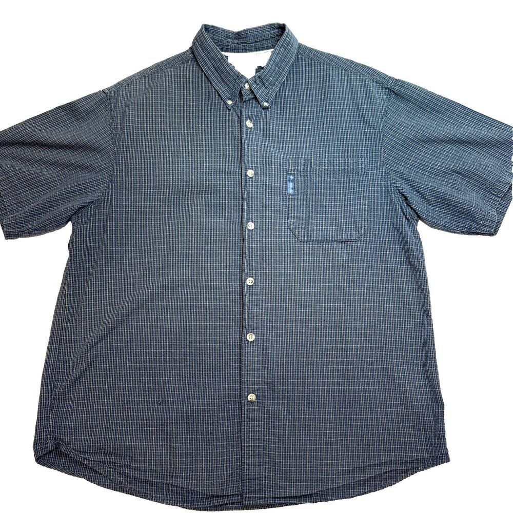 Columbia Button Up Short Sleeve Gray Blue Plaid Shirt Size XL
